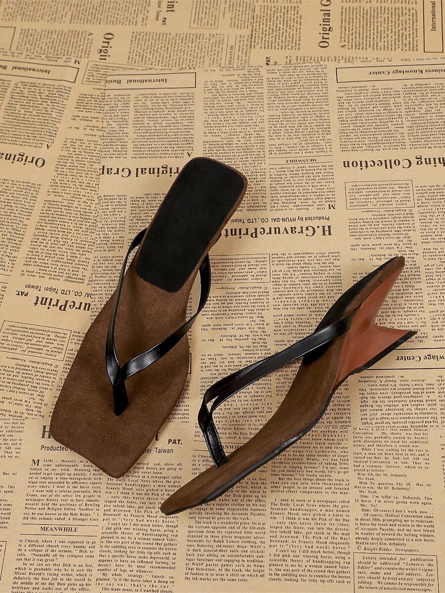 1. Square Toe High Heel Sandals, Women's Summer Casual Wedge Mules, Slip-On Thong Sandals - Black - View 1