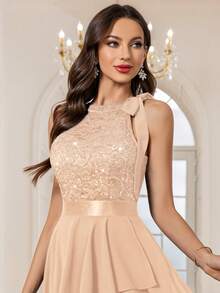 MIUSOL Sequin Floral Lace Patchwork Halter Neck Cocktail Dress, Suitable For Birthday, Wedding Guest, Evening Party Summer Elegant - Champagne - View 11