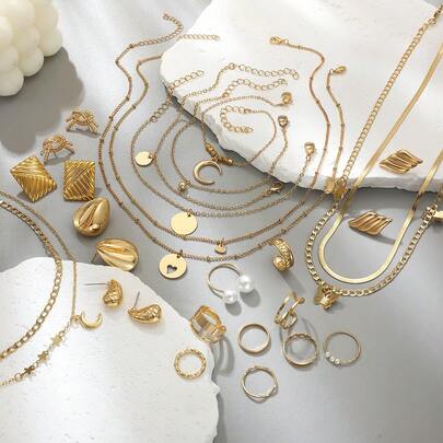 28/Set Vintage Elegante Ketting, Oorbellen, Ring, Armband Sieradenset, Veelzijdig Dagelijks Draagbaar, Feestdagen Cadeau voor Vrouwen en Meisjes (Zonder Doos)