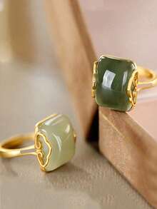 1 pieza Anillo ajustable de diseño elegante y vintage de jade de Hetian, accesorio versátil para uso diario, regalo adecuado para mujeres, familia y amigos - anillo cuadrado - Ver 9