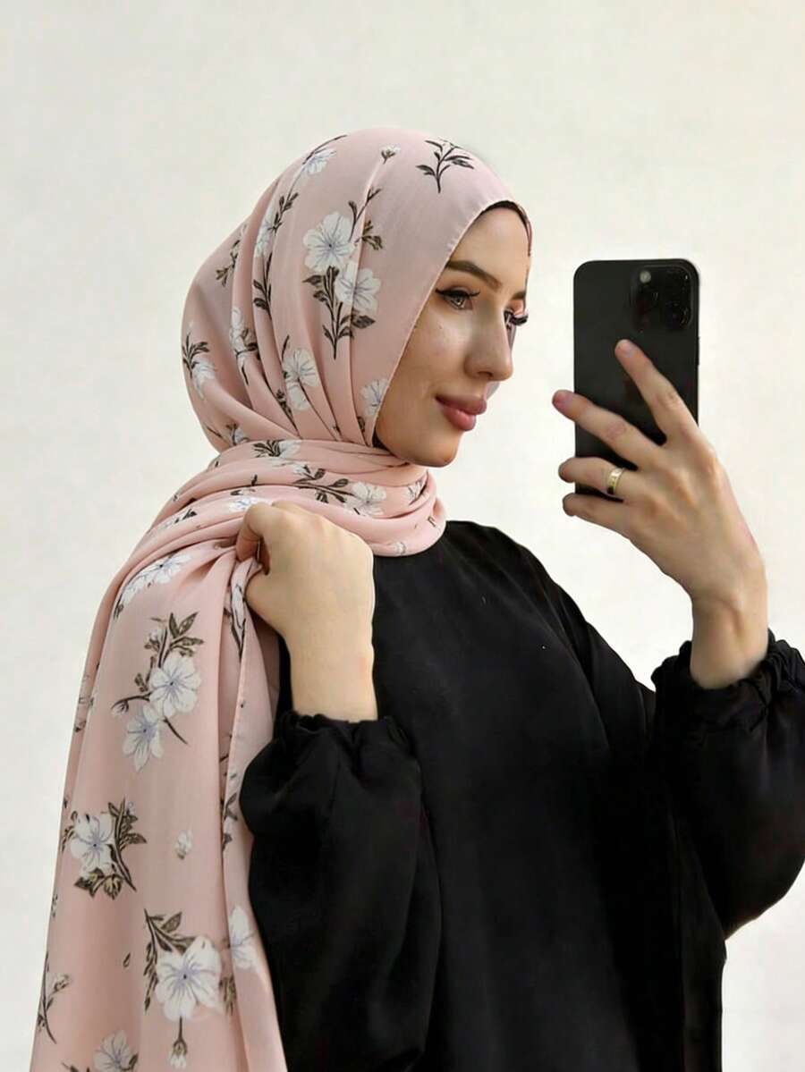 Lightweight Breathable Soft Modest Printed Chiffon Hijabs, Floral Print Chiffon Headscarf Rectangular Shawl For Women, Spring/Summer,Beach,Holiday - Pink - View 1