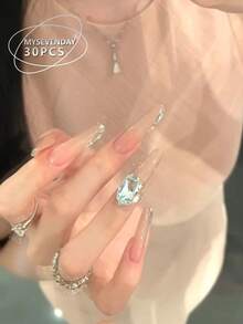 30 Móng Tay Giả Dài Hình Giọt Nước/Màu Hồng Nude Sang Trọng Đính Đá Lớn, Móng Tay Giả Hình Hạnh Nhân Dài Lấp Lánh - Bụi hồng - Xem 2