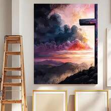 1pc Arte en Lienzo con Marco - Puesta de Sol en la Montaña con Cruz, Cielo Vibrante y Nubes, Ideal para Hogar, Oficina, Bar, Café, Aula, Decoración de Dormitorio, Regalo Perfecto para Pascua, Día de la Madre, Graduación, Uso Interior/Exterior, Decoración de Oficina | Arte de Paisaje Sereno | Marco Duradero, Decoración de Pared - Enmarcado - Ver 5