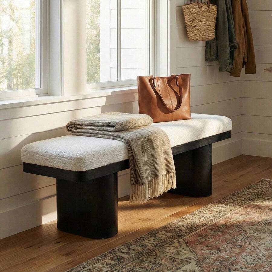 47.5"Wood Bed Bench Ottoman With Wooden Legs End Of Bed Bench Teddy Velvet Upholstery Entryway Bench For Bedroom Living Room - Đen + Polyester + Hiện đại1 - Xem 1