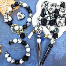 25/28颗黑白心形硅胶珠套装，心形和花朵珠子，可用于DIY钥匙扣、项链、手链、珠宝吊坠，节日和生日礼物 - 黑白愛心系列 - 查看 9