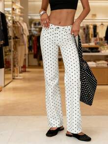 Women's Slim Fit Denim Pants Mid Rise Tapered Leg Stretch Jeans With Black Spotted Pattern - White - View 5
