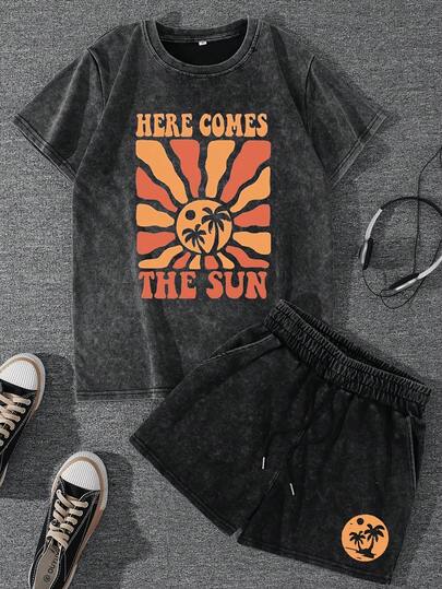 Handmade With Love Vintage Washed Palm Tree And Vacation Pattern Printed T-Shirt,  Retro Shorts Set, Women'S Street Style Casual Fashion Ensemble Trajes Elegantes De Mujer Brunch Outfits For Women Men Shorts Set