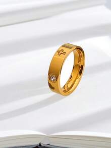 1pc Luxury Heart Cross Stainless Steel Couple Ring, Personalized Rhinestone Inlaid Ring, Wedding Jewelry, Suitable For Everyday Wear - Gold - View 19