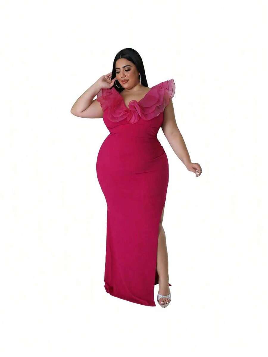 Women's Solid Color Fitted Party Dress - Rose Red - View 1