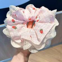 1pc Sweet Blue Plaid Strawberry Cherry Slim Waist Scrunchie For Women, Large Lace Style High Elasticity Hair Rope Hair Accessory - Hồng - Xem 4