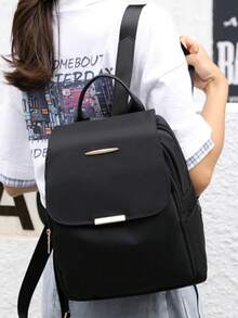 Mochila de gran capacidad para mujer, bolso de mano de estilo clásico de unicolor, mochila para estudiantes - Negro - Ver 6