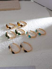 1 Par de Brincos de Argola Elegantes e Vintage com Pedra Oval de Turquesa, Brincos Personalizados da Moda para Uso Diário - Dourado - Visão 5