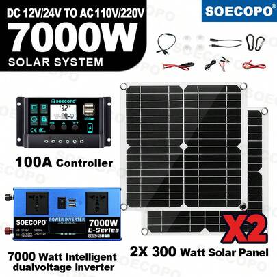 Bộ máy phát điện năng lượng mặt trời 7000W | Biến tần, 2 tấm pin mặt trời + Bộ điều khiển | Đầu vào 12V/24V, đầu ra 110V/220V