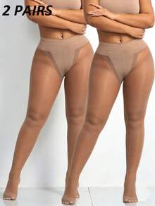 2双装女士30D性感透明连裤袜，简约时尚 - 杏色 - 查看 2