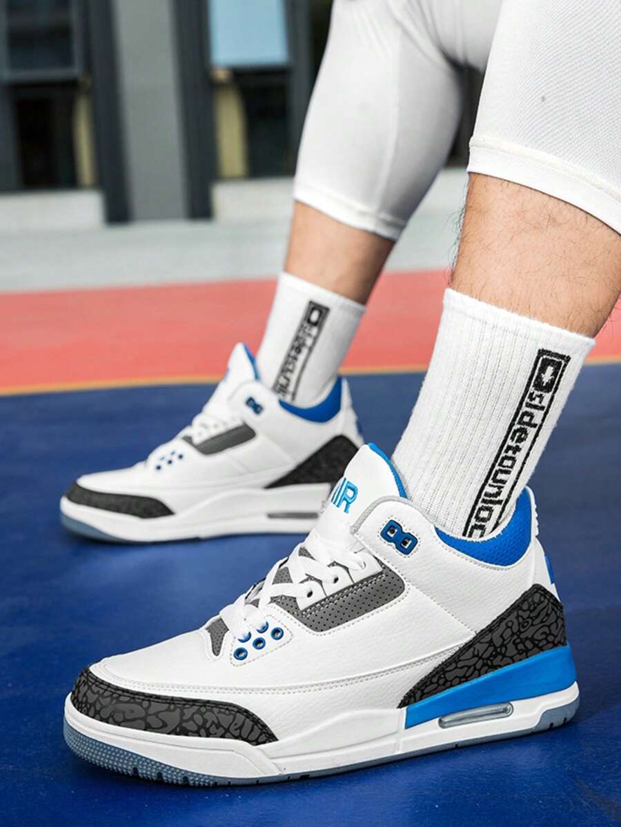 Men's Basketball Shoes, White & Blue Color-Blocking Design, Outdoor Commuting Sneakers, Fashionable And Versatile Cracked Texture Stitching, Breathable And Comfortable Fabric, Lightweight Shock-Absorbing Outsole - 賽車藍 - 查看 1