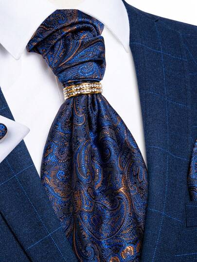 4Pcs/Set Men's Blue Paisley Jacquard Cravat Set, Necktie, Pocket Square, Cufflinks & Tie Ring, Formal Business Wedding Groom Suit Accessories Gift