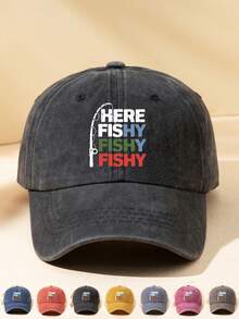 MAKEFGE 1顶水洗棒球帽，“HERE FISHY”图案印花，经典休闲复古风格，柔软运动帽带，尺寸可调节，轻便防晒，百搭复古老爹帽，适合户外活动、日常穿着、聚会和度假，是送给家人朋友的完美礼物，夏季、海滩、假日必备。 - HEREFISH三色 - 查看 1