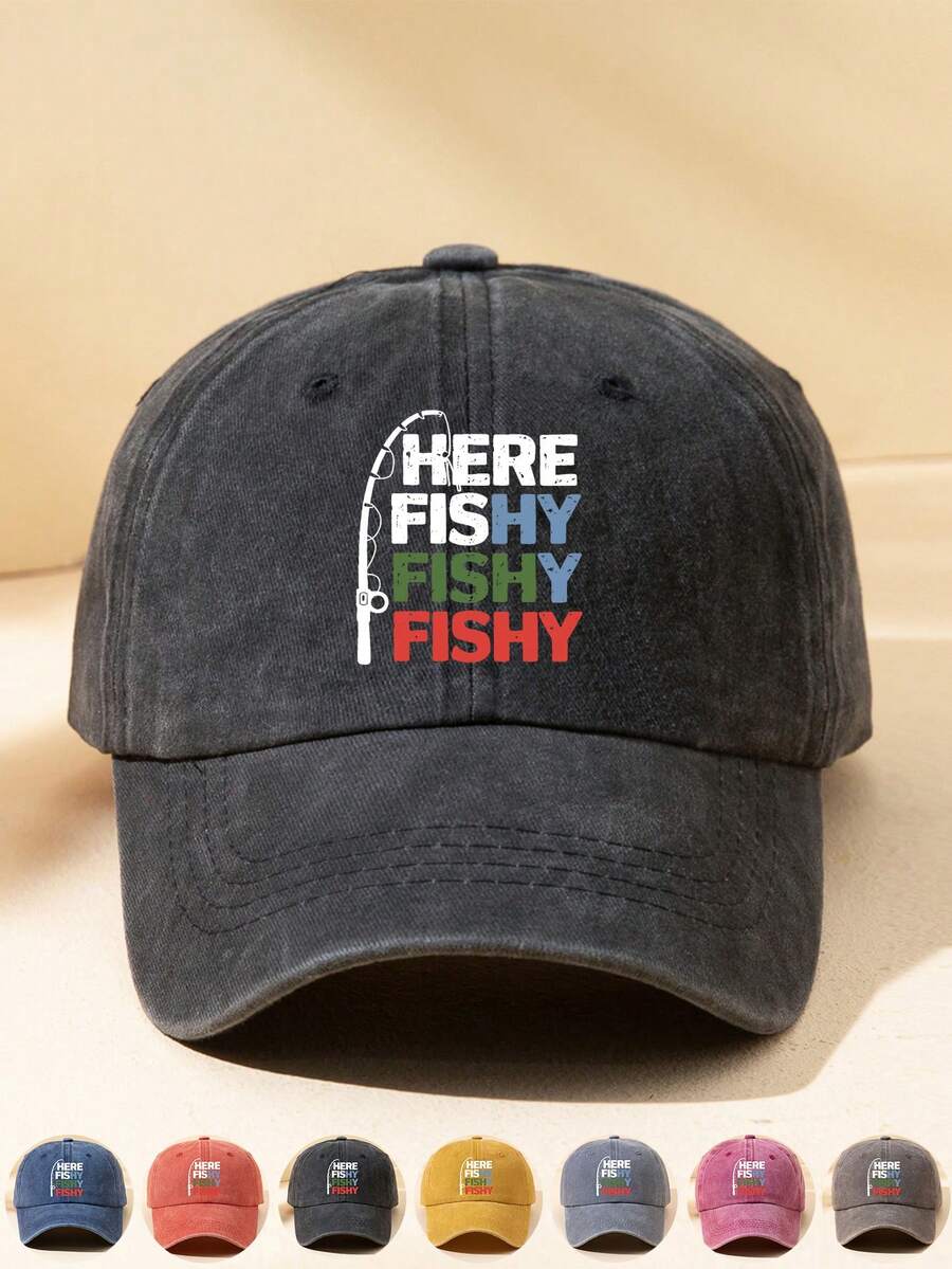 MAKEFGE 1顶水洗棒球帽,“HERE FISHY”图案印花,经典休闲复古风格,柔软运动帽带,尺寸可调节,轻便防晒,百搭复古老爹帽,适合户外活动、日常穿着、聚会和度假,是送给家人朋友的完美礼物,夏季、海滩、假日必备。 - HEREFISH三色 - 查看 1