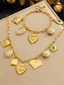 1set Fashion Gold Plated Retro Geometric Carving Pendant Water Drop Heart Shaped Stainless Steel Vintage Accessories Pendant Chain Jewelry Set - Love - View 10