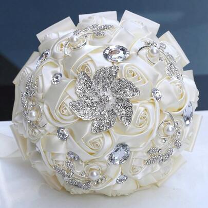 Romantic Silver Leaf Bridal Bouquet, Sparkling Silver Crystal Satin Ribbon Rose Wedding Bouquet, Ivory Fabric Everlasting Flower, Artificial Fabric Rose Bouquet W288J