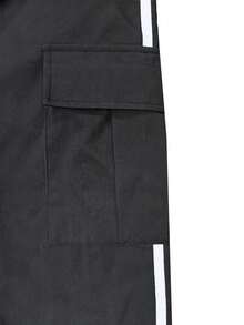 Men's Casual Fashion Letter Print Drawstring Waist Striped Cargo Pocket Straight Leg Pants - Black - View 5