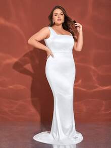 Vestido formal de satén blanco sin mangas de cuello cuadrado para boda y fiesta para mujer de talla grande - Blanco - Ver 5