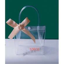 10 Stück wiederverwendbare klare Plastikgeschenktüten mit Griffen, PVC-Material mit Schleifen-Dekor, geeignet für Hochzeit, Brautparty, Geburtstag, Babyparty, Gender-Enthüllungsparty, Kleinunternehmen (Lila) - A - Übersicht 6