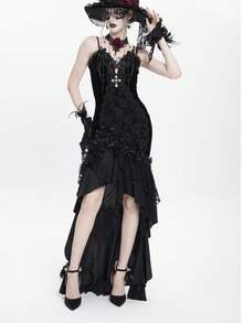 Gothic Velvet Lace Mermaid Maxi Dress, Rose Tassel Cross Formal Gown - Black - View 1