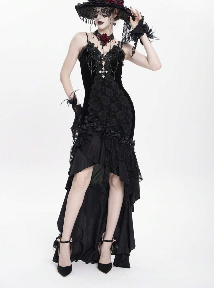 Gothic Velvet Lace Mermaid Maxi Dress, Rose Tassel Cross Formal Gown - Black - View 1