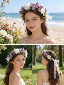 1pc Realistic Butterfly Bohemian Floral Wreath, Romantic Bridal Wedding Decor (Butterfly Pattern And Shape Are Randomly Selected, Special Craftsmanship, Please Purchase Carefully),Travel,Birthday - Purple - View 5