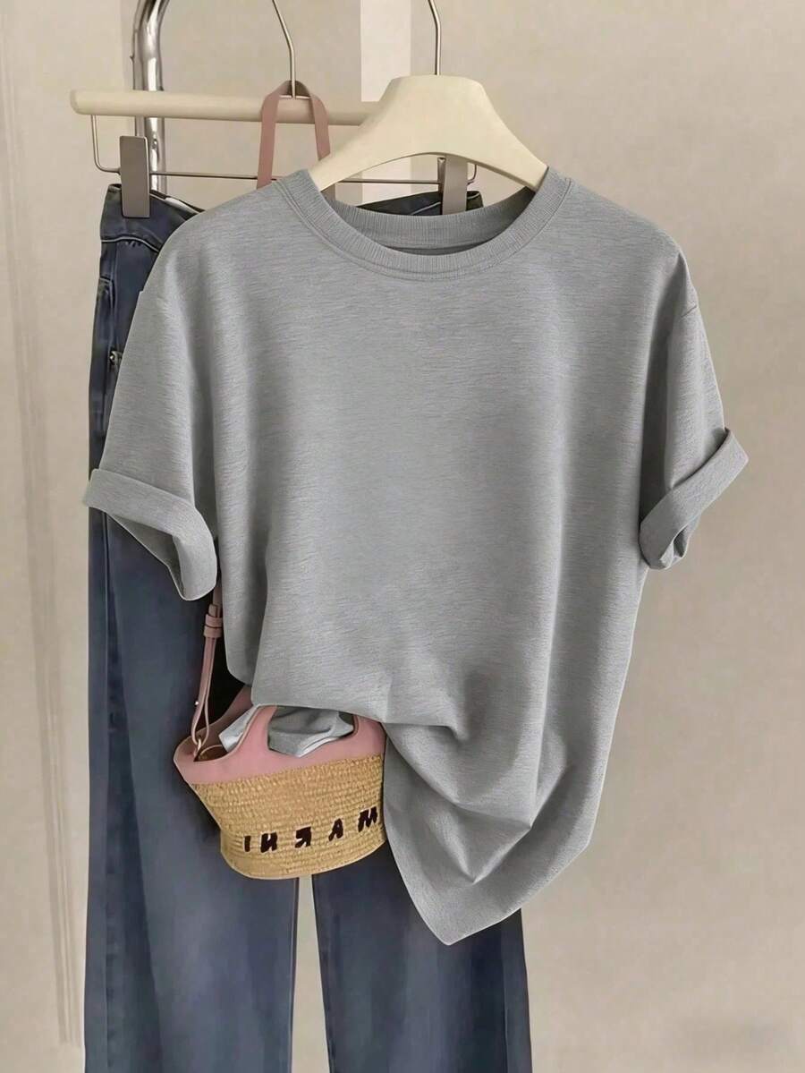 Spring/Summer Oversized Tops, 100% Cotton, Women's Solid Color Round Neck Short Sleeve T-Shirt, Soft And Comfortable, Casual, Streetwear, Y2K, Top, Summer, Spring, T-Shirt, Gym, Sport, Party Top, Blouse, Romwe, Vintage, Carnaval, Valentijn, Maija, Tops For Women, Tops Damen, Frühling Outfit, Jersey, Ropa Invierno De Mujer, Verano Mujer, Fun T-Shirts, Vacation, Beach, Casual, 90s Clothing, Cute Tops, Top , Top Blanco, Tops Verano, Primavera, Muje, Easter Women's Clothing, Carnival, All Seasons, Office/Lounge/Home/Minimalist, Western Women, Outfits, 80s American Retro Style, Teenagers, Unisex, Outerwear, Autumn/Winter, Plus Size Woman, Valentijn, Carnaval, Heather Gray Top - Xám - Xem 1