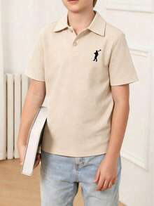 1pc Tween Boys' Casual Printed Short Sleeve T-Shirt Polo Shirt, Summer Top For Young Students - Apricot - View 2