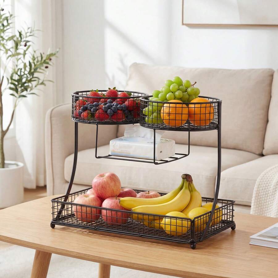 Senmeo 1PC 3-Tier Black Heart-Shaped Fruit Basket Bowl, Countertop Storage & Display Rack For Fruits/Vegetables/Snacks, Picnic/Wedding/Party Holiday Gift - 雙頭款 - 查看 1