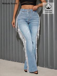 Mobula Sound Casual Elegant Flared Jeans For Women, Versatile Fashion For Spring/Summer, Suitable For Casual, Holiday, Party, Travel, Airport , Comfortable Stretchy Skinny Fit - Blue - View 4