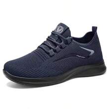 Men's Breathable Knit Running Shoes, Lightweight Non-Slip Casual Athletic Sneakers For Daily Walking & Sports - 藍色 - 查看 3