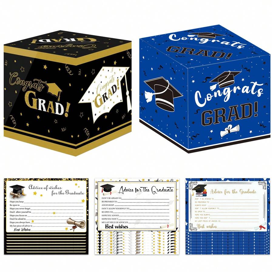 9pcs/Set Graduation Greeting Card Box, Black & Blue Congratulatory Graduation Design Greeting Cards, Graduation Party Supplies - Multicolor - View 1
