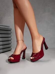 Fashionable Slip-On High Heel Open Toe Sandals - Burgundy - View 4