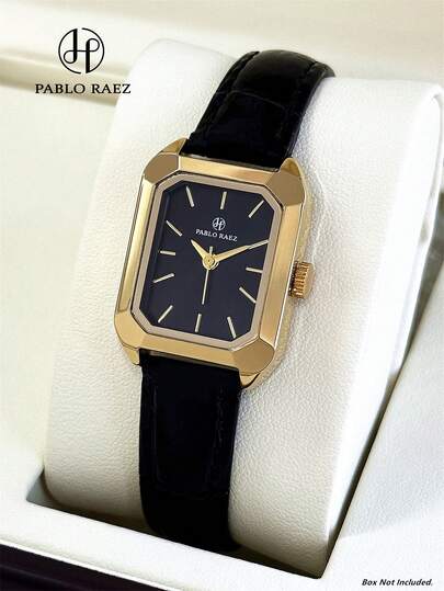 Pablo Raez 1pc 18K Gold Ladies Watch Luxury Small Women Wristwatches Popular Classic Brand New Designer AAA High Quality Female Dress Clocks Original Charming Woman Stainless Steel Golden Non Tarnish Color Black Leather Soft Bracelets Chain Fashion Rectangle Watches 50M Water Resistant Simple Cute Girls Students Female Elegant Casual Quartz Watch