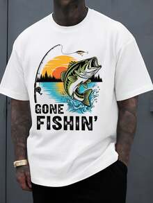 2026 New Men's T-Shirt, Plus-Size Men's T-Shirt, Large Size T-Shirt, 100% Cotton, Men's 'Gone Fishin' Fishing Adventure T-Shirt,  White Version, Features Patterned Design, Casual Breathable Material, Round Neck, Short Sleeves, Stylish Summer T-Shirt, Machine Washable, Suitable For Daily Use, Plus-Size Mens Clothes, Graphic Tees Men, Graphic Tees, Funny Shirts, T-Shirts, Summer Clothes, Boyfriend Gifts - 白色 - 查看 2