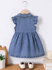 Girls' Denim Collar Ruffle Sleeve Button Down Dress, Baby GirlCute Dual Bow Pocket Decor Denim Skirt - Medium Wash - View 8