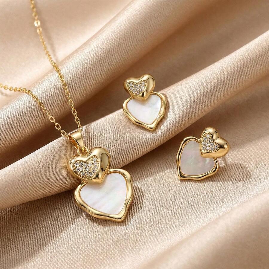 1 Set de Collar con Colgante de Corazón y Aretes de Acero Inoxidable, Juego de Joyas de Diseño Elegante y Lujoso, Regalo Versátil - Estilo A - Ver 1