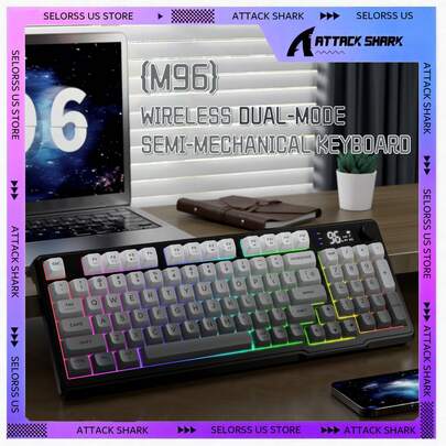 ATTACK SHARK LexonElec M96 Wireless Keyboard, Low Profile Quiet Typing Membrane Gaming Keyboard With Smart Display & Knob, RGB Backlit, USB C Rechargeable, 94 Keys PBT Keycap For Windows PC, Linux-Blackberry/ Moonlit Night/ Grape Purple