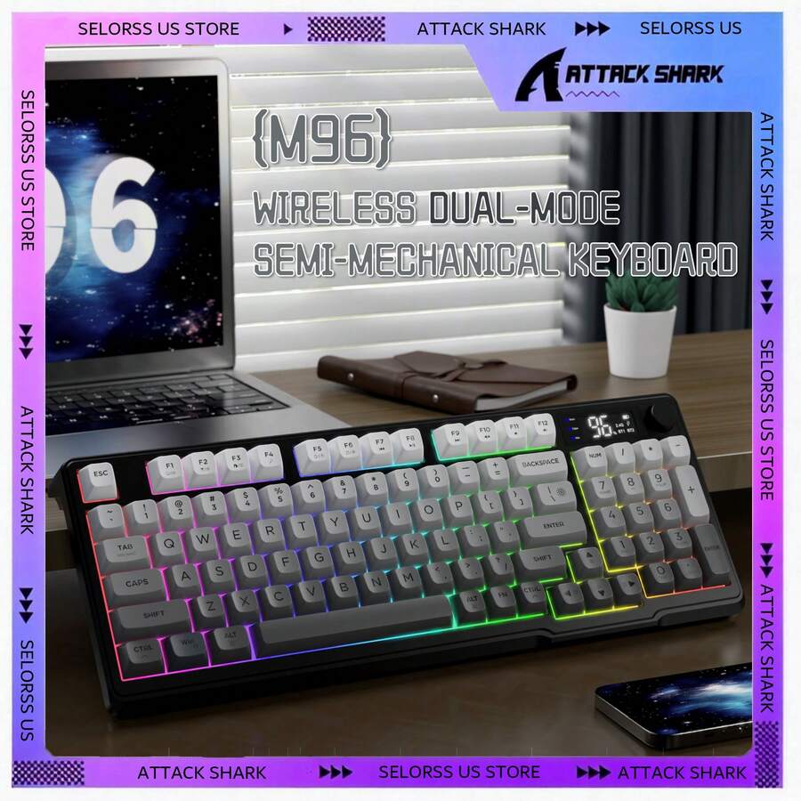 ATTACK SHARK LexonElec M96 Wireless Keyboard, Low Profile Quiet Typing Membrane Gaming Keyboard With Smart Display & Knob, RGB Backlit, USB C Rechargeable, 94 Keys PBT Keycap For Windows PC, Linux-Blackberry/ Moonlit Night/ Grape Purple - 彩色 - 查看 1