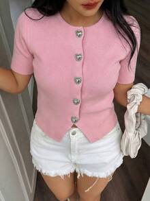 Cárdigan de punto con cuello redondo y botones con forma de corazón para mujer, primavera/verano, casual y elegante, ajustado y de longitud regular; Blusa rosa de manga corta para el Día de San Valentín, adecuada para uso diario en verano - Rosa - Ver 7