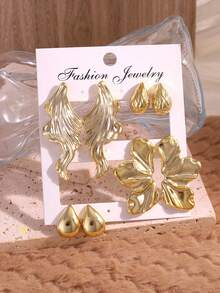 4 Pairs Fashionable Gold-Tone Smooth Leaf & Teardrop Asymmetrical Earrings Set, Suitable For Daily Wear, Great Gift For Friends And Family (Made Of ABS Plastic) - Gold - View 5