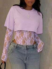 Body entero de encaje transparente para mujer, manga larga tul estampado floral, estilo sensual elegante, ideal para uso diario, citas, fiestas y espectáculos primavera verano - Púrpura malva - Ver 6