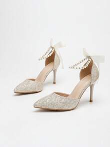 时尚婚鞋派对礼服珍珠链条蝴蝶结白色皮革尖头超高跟女鞋 - 銀色 - 查看 8