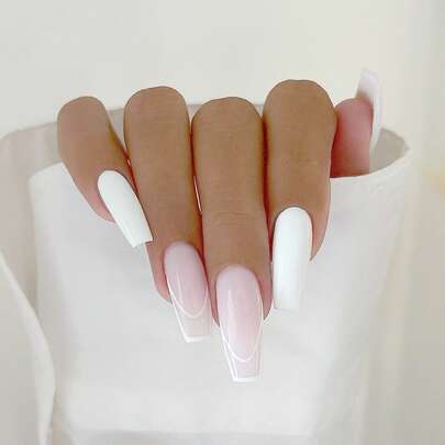 24 móng tay giả siêu dài hình thang (hình chữ T/hình quan tài), móng giả cao cấp màu đỏ kiểu Pháp, móng giả dài hình quan tài màu nude với hoa 3D.