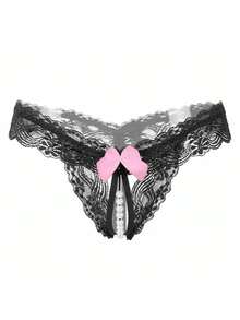 A Pair Of Pearl-Embellished, Open-Crotch Sexy Thongs With A Kawaii Bow And Lace Detailing, Perfect For Valentine's Day. - Black - View 6