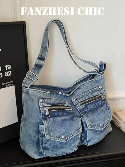 Workwear Shoulder Bag, Spacious With Multiple Zippered Pockets, For Daily Use, Commuting, Shopping, School, Travel, Vacation, Street Style